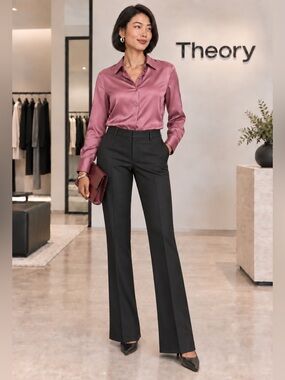 Theory Black Lightweight Wool Flare Trousers Size 4 Made in USA